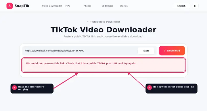 SnapTik downloader error message with troubleshooting callouts